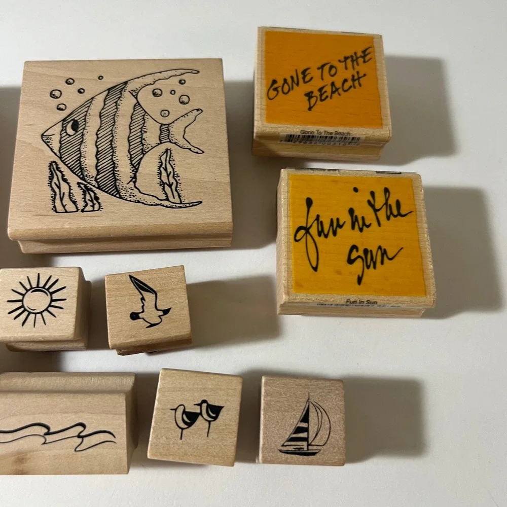 10pc Beach Tropical Wood Mounted Rubber Stamp Lot Palm Tree Fish Nautical Craft